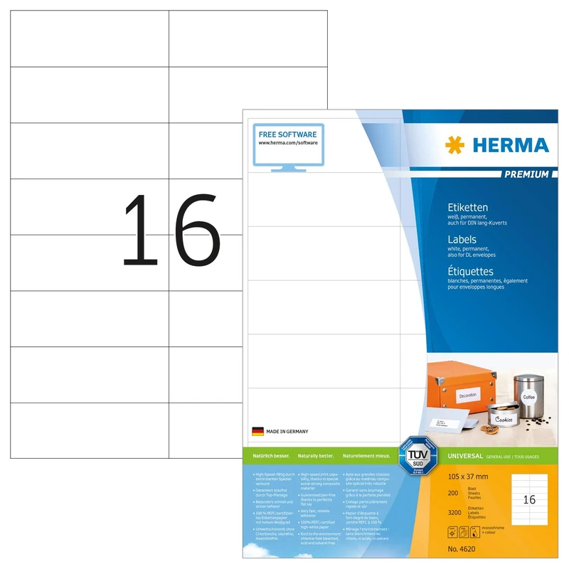 HERMA Self Adhesive Address Labels, 16 Labels per A4 Sheet, 1600 Sheets, 105 x 37 mm, 25600 Labels, Blank Mailing Labels Stickers, Sticky Labels for Laser & Inkjet Printer, White