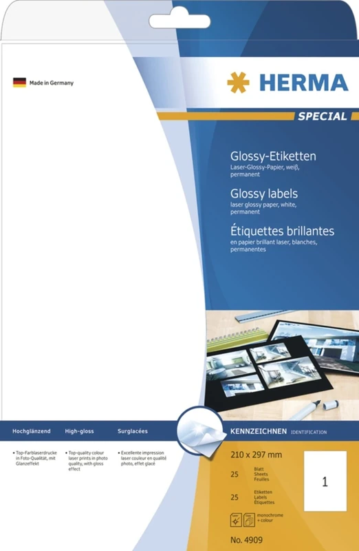 HERMA Self Adhesive High Gloss Labels, 1 Label per A4 Sheet, 800 Sheets, 210 x 297 mm, 800 Labels, Blank Photo Quality Labels Stickers, Sticky Labels for Laser Printer, White