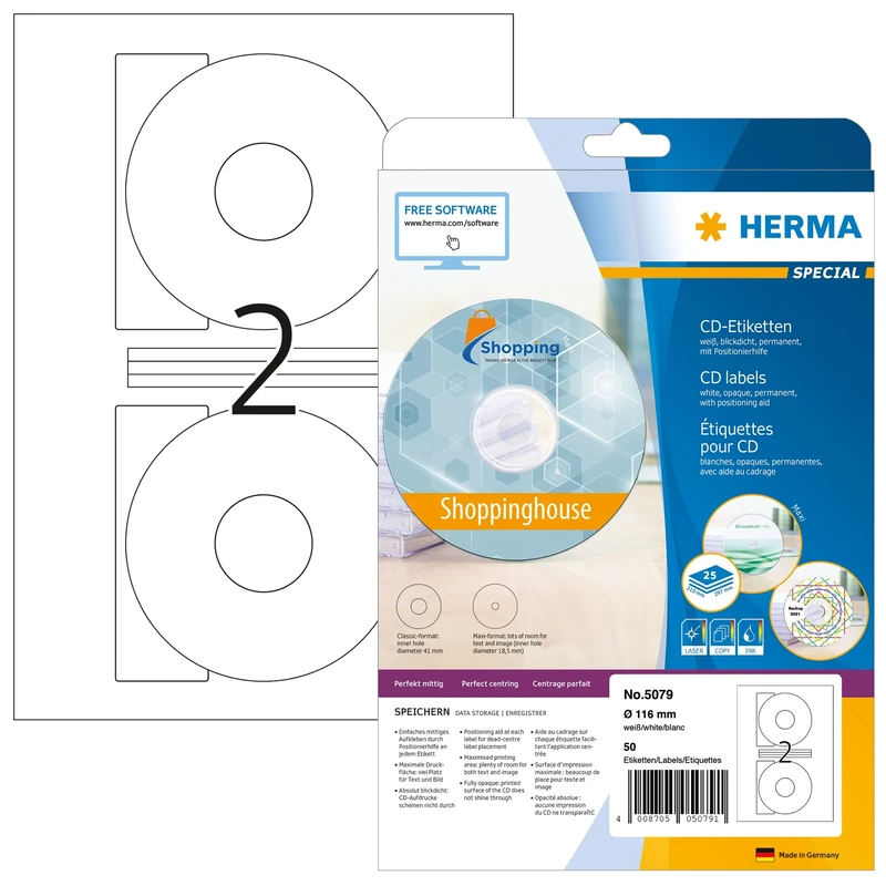 HERMA Self Adhesive Full Face CD Labels, 2 Labels per A4 Sheet, 800 Sheets, Ø 116 mm, 1600 Labels, Blank Opaque DVD Labels Stickers, Sticky Labels for Laser & Inkjet Printer, White