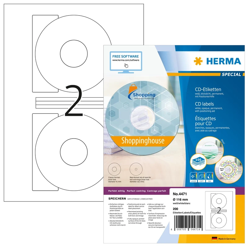 HERMA Self Adhesive Full Face CD Labels, 2 Labels per A4 Sheet, 1400 Sheets, Ø 116 mm, 2800 Labels, Blank Opaque DVD Labels Stickers, Sticky Labels for Laser & Inkjet Printer, White