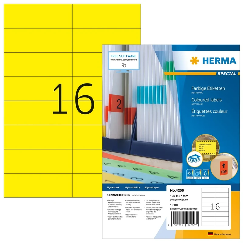 HERMA Self Adhesive Coloured Labels, 16 Labels per A4 Sheet, 1400 Sheets, 105 x 37 mm, 22400 Labels, Blank Colour Labels Stickers, Sticky Labels for Laser & Inkjet Printer, Yellow