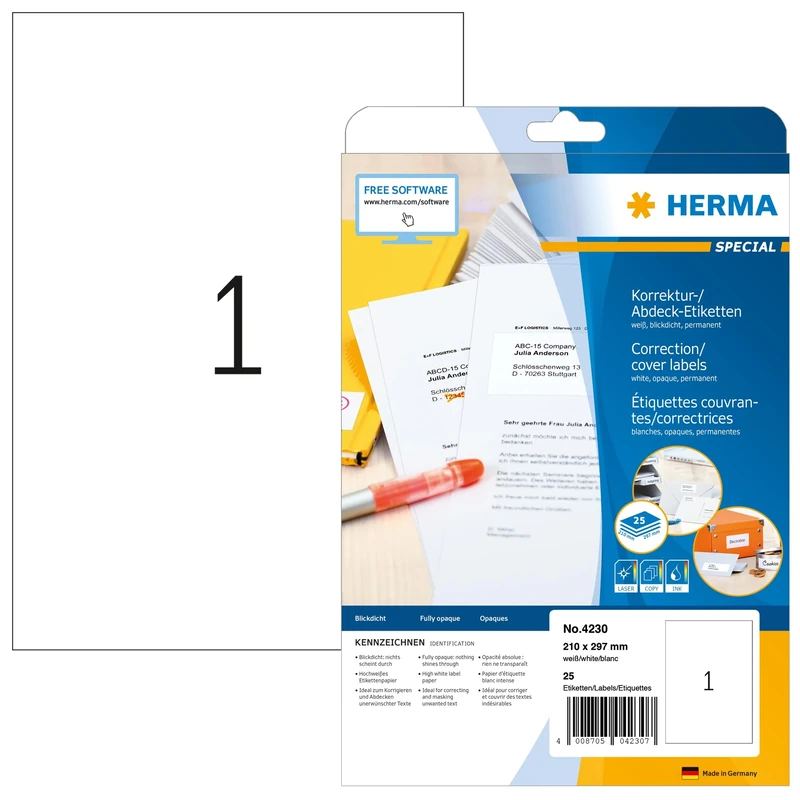 HERMA Self Adhesive Correction Labels, 1 Label per A4 Sheet, 800 Sheets, 210 x 297 mm, 800 Labels, Blank Opaque Labels Stickers, Sticky Labels for Laser & Inkjet Printer, White