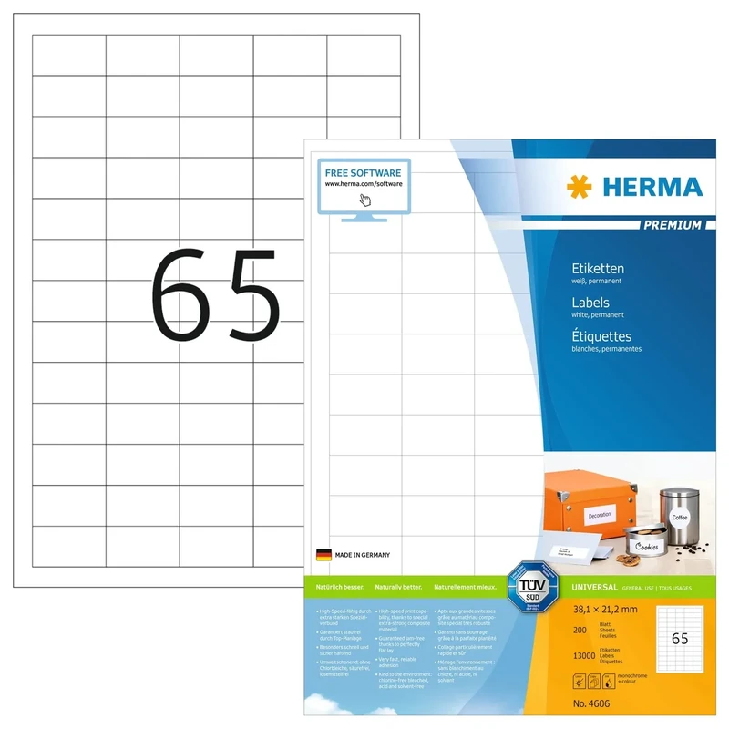 HERMA Self Adhesive Multipurpose Labels, 65 Labels per A4 Sheet, 1600 Sheets, 38.1 x 21.2 mm, 104000 Labels, Blank Universal Labels Stickers, Sticky Labels for Laser & Inkjet Printer, White