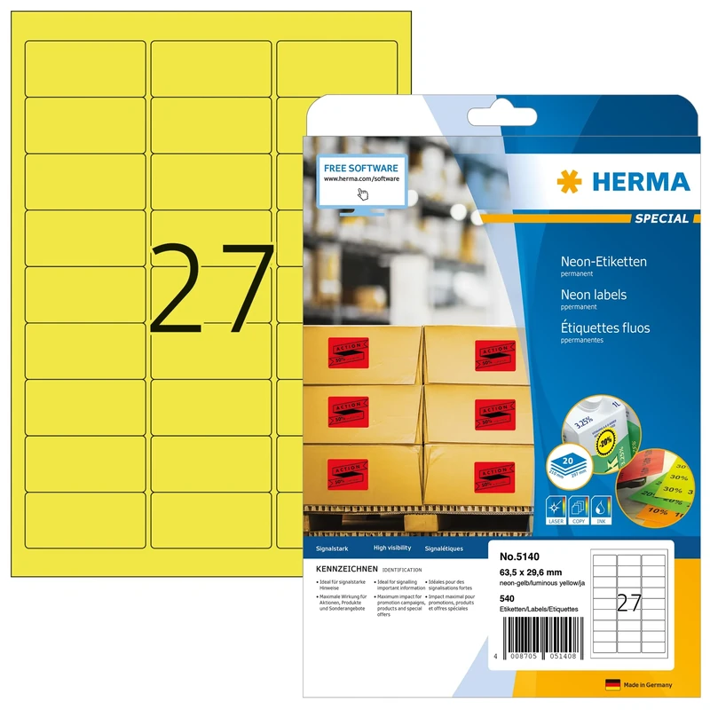 HERMA Self Adhesive Coloured Labels, 27 Labels per A4 Sheet, 640 Sheets, 63.5 x 29.6 mm, 17280 Labels, Blank Colour Labels Stickers, Sticky Labels for Laser & Inkjet Printer, Neon Yellow