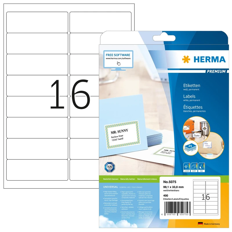 HERMA Self Adhesive Address Labels, 16 Labels per A4 Sheet, 800 Sheets, 99.1 x 33.8 mm, 12800 Labels, Blank Mailing Labels Stickers, Sticky Labels for Laser & Inkjet Printer, White