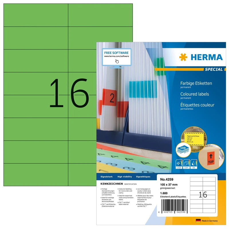 HERMA Self Adhesive Coloured Labels, 16 Labels per A4 Sheet, 1400 Sheets, 105 x 37 mm, 22400 Labels, Blank Colour Labels Stickers, Sticky Labels for Laser & Inkjet Printer, Green