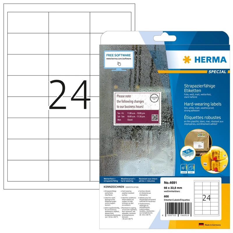 HERMA Self Adhesive Film Labels, 24 Labels per A4 Sheet, 800 Sheets, 66 x 33.8 mm, 19200 Labels, Blank Weatherproof Labels Stickers, Sticky Labels for Laser & Inkjet Printer, White