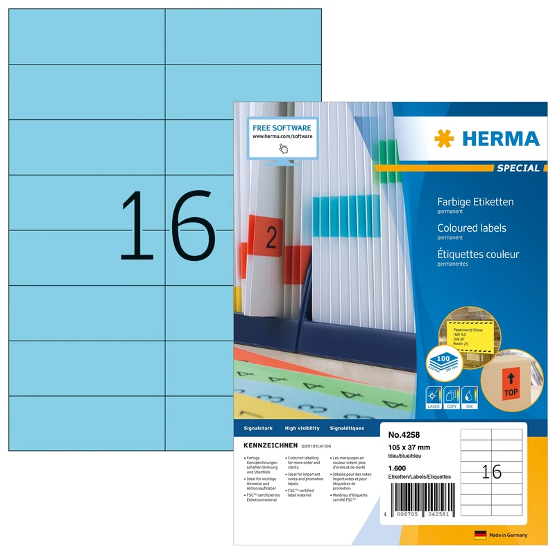 HERMA Self Adhesive Coloured Labels, 16 Labels per A4 Sheet, 1400 Sheets, 105 x 37 mm, 22400 Labels, Blank Colour Labels Stickers, Sticky Labels for Laser & Inkjet Printer, Blue