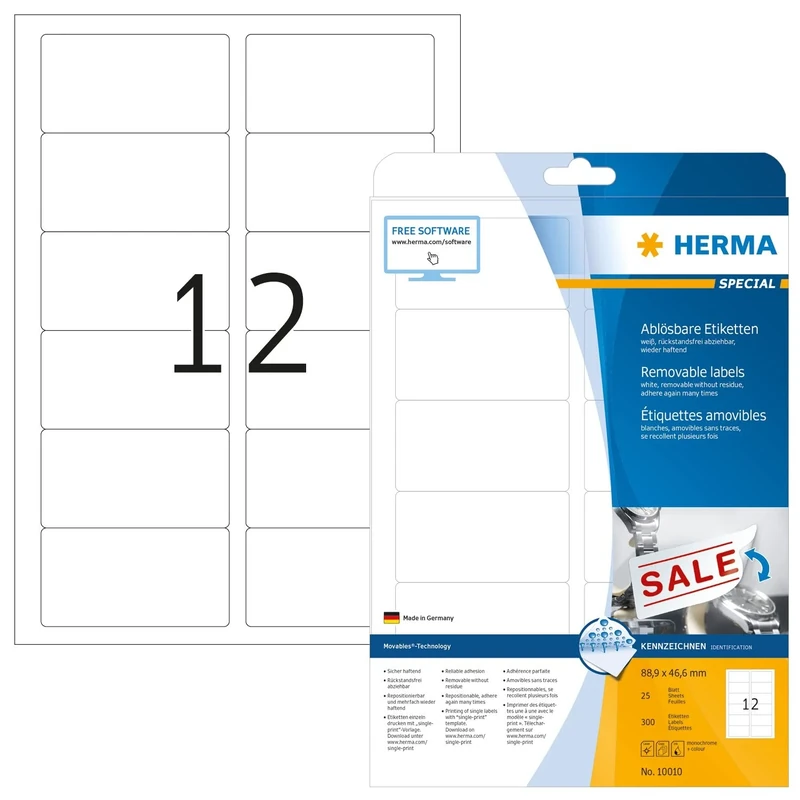 HERMA Self Adhesive Removable Labels, 12 Labels per A4 Sheet, 800 Sheets, 88.9 x 46.6 mm, 9600 Labels, Blank Multipurpose Labels Stickers, Sticky Labels for Laser & Inkjet Printer, White