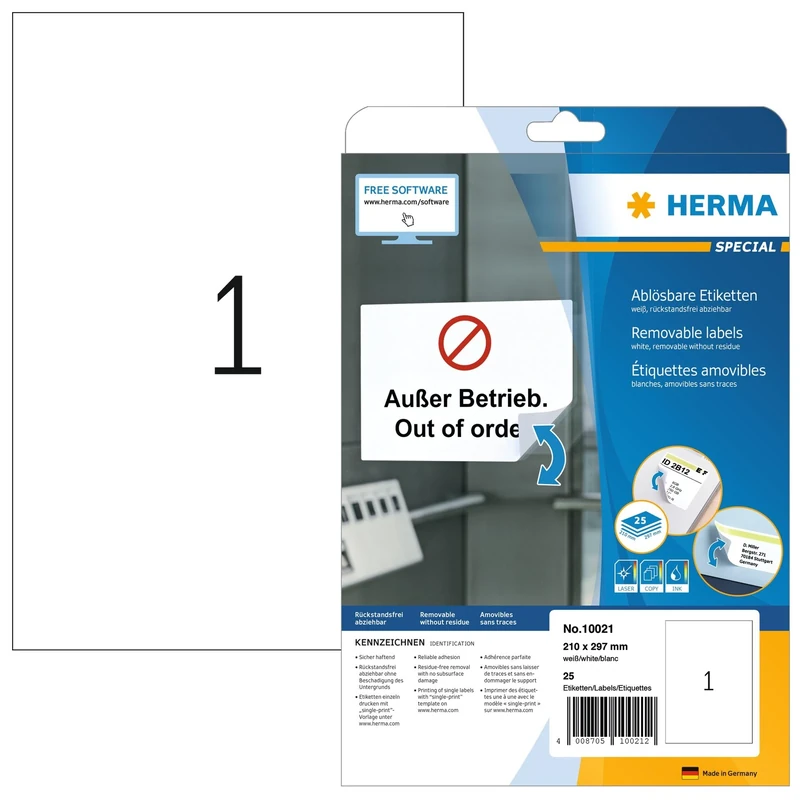 HERMA Self Adhesive Removable Labels, 1 Label per A4 Sheet, 800 Sheets, 210 x 297 mm, 800 Labels, Blank Multipurpose Labels Stickers, Sticky Labels for Laser & Inkjet Printer, White