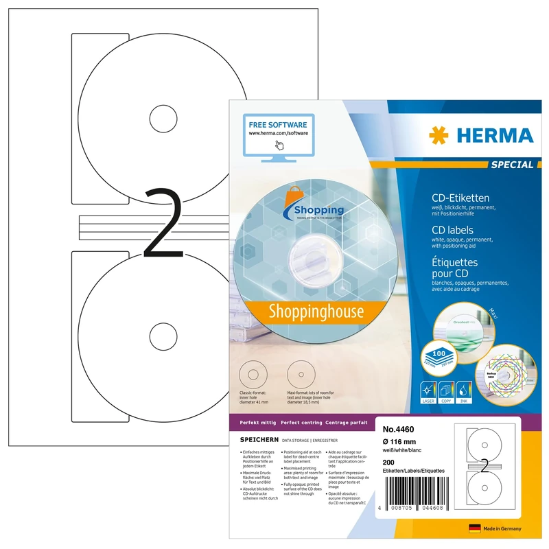 HERMA Self Adhesive Full Face CD Labels, 2 Labels per A4 Sheet, 1400 Sheets, Ø 116 mm, 2800 Labels, Blank Opaque DVD Labels Stickers, Sticky Labels for Laser & Inkjet Printer, White