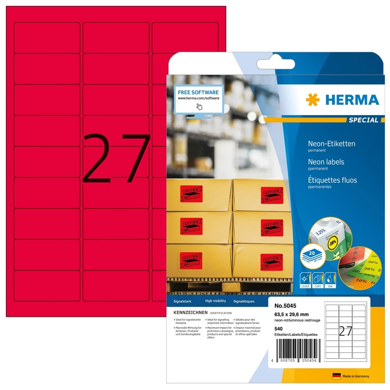 HERMA Self Adhesive Coloured Labels, 27 Labels per A4 Sheet, 640 Sheets, 63.5 x 29.6 mm, 17280 Labels, Blank Colour Labels Stickers, Sticky Labels for Laser & Inkjet Printer, Neon Red