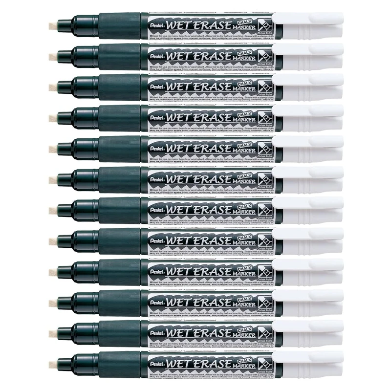 Pentel Wet Erase Chalk Marker Chisel Tip 1.5-4 mm Line - White (Pack of 12)