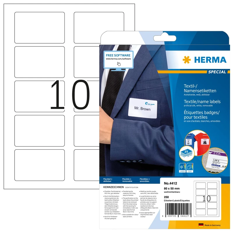 HERMA Self Adhesive Clothing Labels, 10 Labels per A4 Sheet, 25 Sheets, 80 x 50 mm, 250 Labels, Blank Removable Name Labels Stickers, Sticky Textile Labels for Laser & Inkjet Printer, White