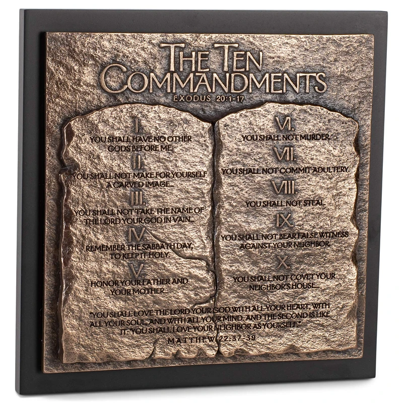 The Ten Commandments Hammered Bronze Tone 8.75 x 8.75 Cast Stone Sculpture Plaque - Image 1