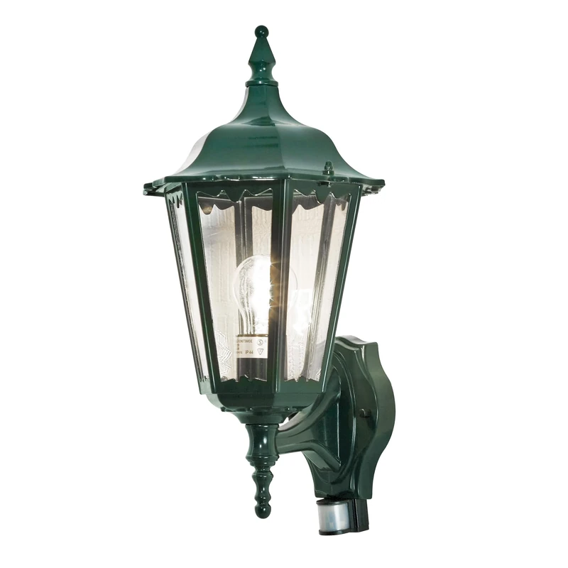 Konstsmide Outdoor Wall Light Mains Powered/Firenze Up Traditional Lantern with PIR Sensor Motion Detector/1 x 100 W E27 Max Lamp/Clear Acylic Glass/Aluminium/IP43/Outside Light Green