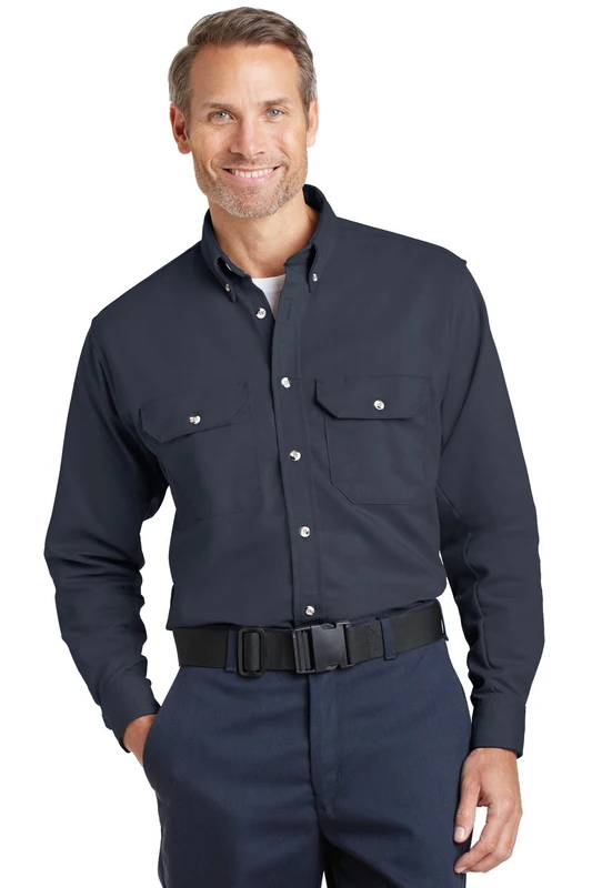 Bulwark Men's Flame Resistant 7 Oz Cotton/Nylon ComforTouch Button Collar Uniform Shirt, Navy, Large