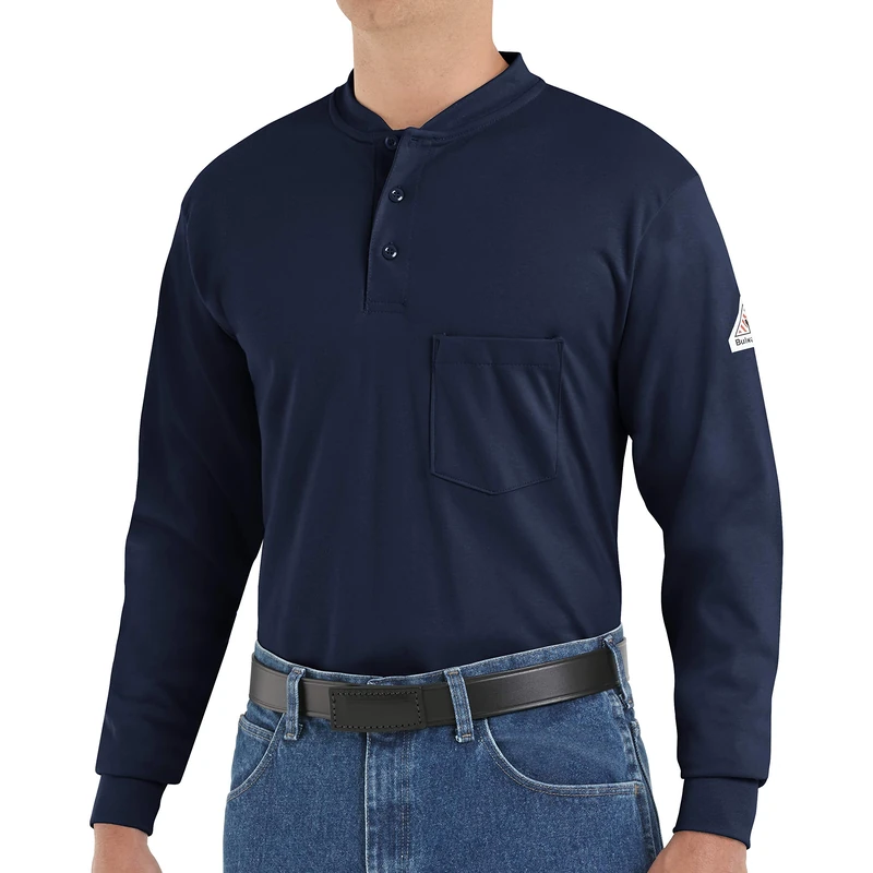 Bulwark FR Men's Bulwark Lightweight FR Tagless Henley Shirt, Navy, Large