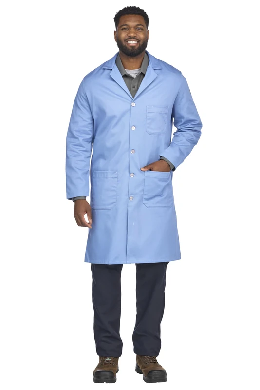 Bulwark Flame Resistant 7 oz Cotton Lapel Collar Lab Coat, Light Blue, Medium