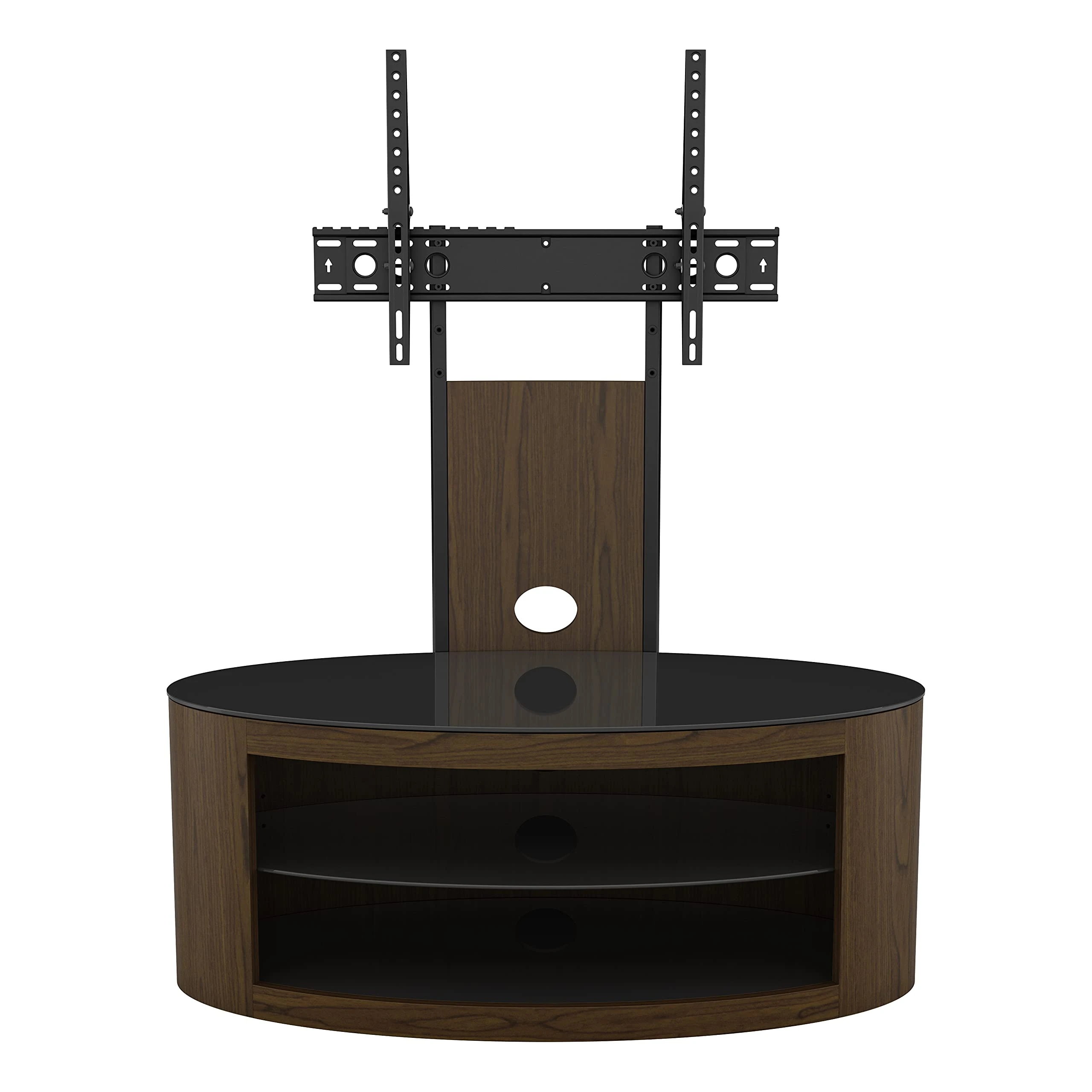 AVF Curved Wood TV Stand - Buckingham 1100mm Wide Floorstand Combi Unit Upto 65", Universal VESA Mount, Walnut & Black Glass, Open & Closed Storage