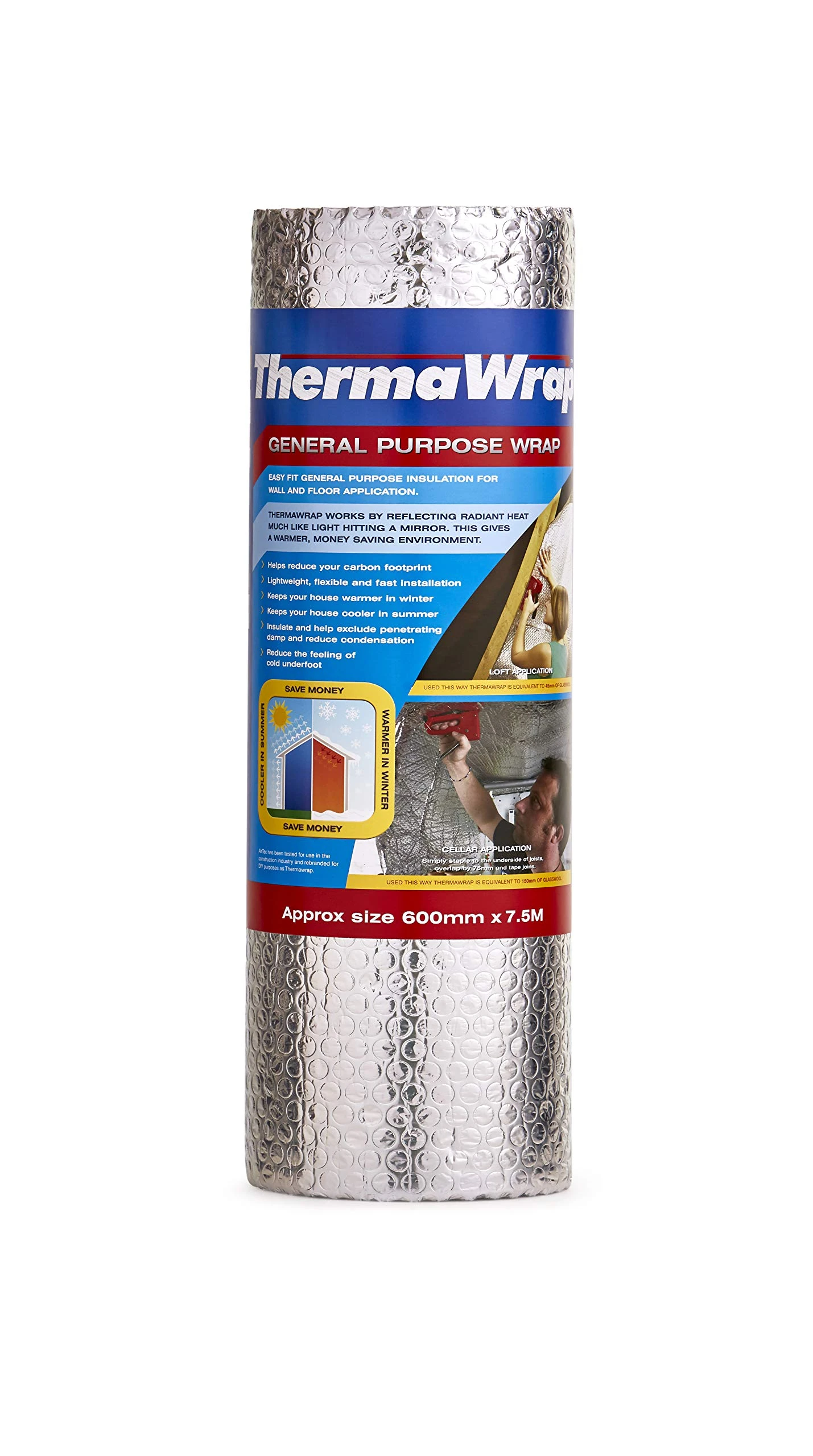 ThermaWrap 600mm x 7.5m x 3.7mm Insulating Wrap Easy Install Bubble Foil Insulation Ideal for Attics, Lofts, Floors, Sheds, Caravans, Boats, Greenhouses, Pet Homes and Garages- High Quality Aluminium Foil Reflective Layers for Maximum Heat Retention and Energy Saving