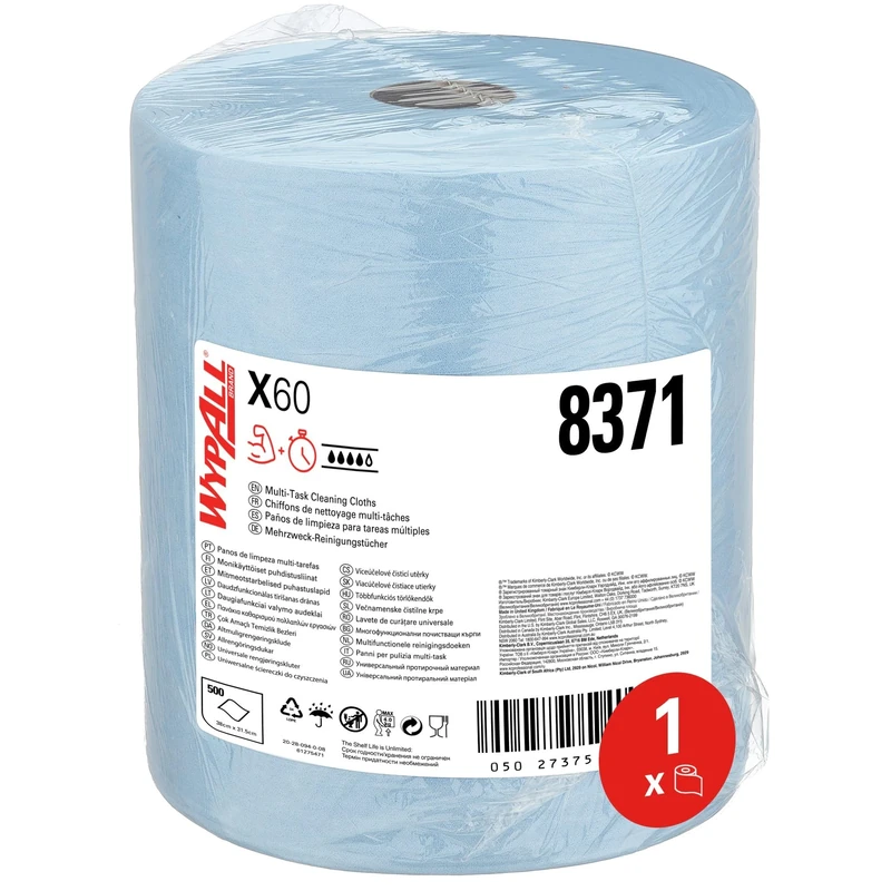 WypAll X60 General Clean Large Roll Cloths 8371 - Blue Cleaning Cloths - 1 Large Blue Roll x 500 Blue, 1 Ply Cleaning Cloths