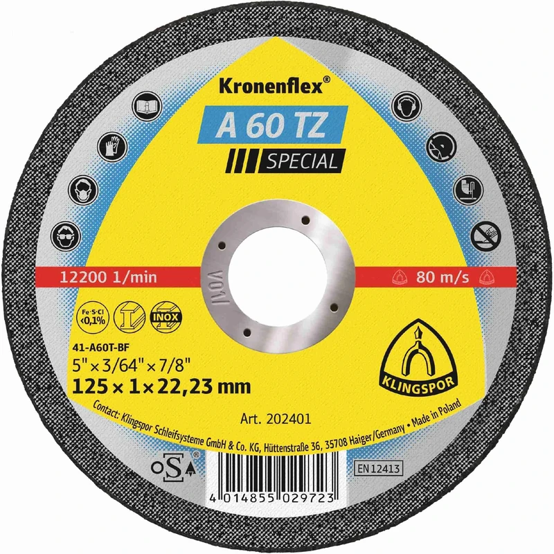 Klingspor Kronenflex A 60 TZ Special Cutting Discs 115 x 1 x 22.23 mm Straight - for Stainless Steel and Steel - 202400 | Pack of 25