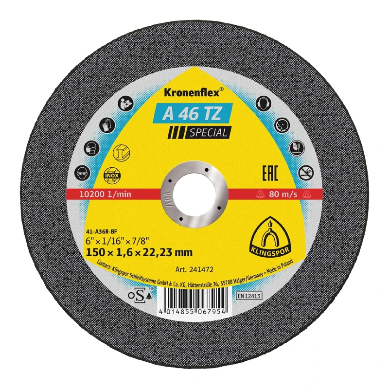 Klingspor 241472 A 46 TZ INOX Special Cutting Disc INOX, Special, Packaging Unit 25, 150 x 1.6 x 22.23, H, 25, Pack of 25, 150 x 1.6 x 22.23 mm Straight