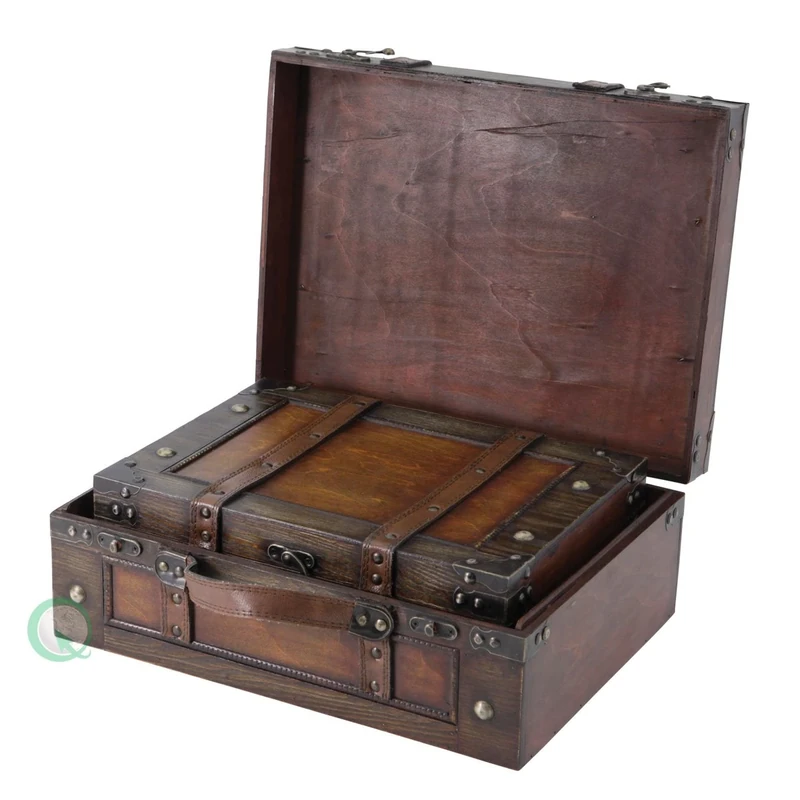 Vintiquewise Old Style Suitcase/Decorative Box with Straps, Wood, Antique Brown, Set of 2