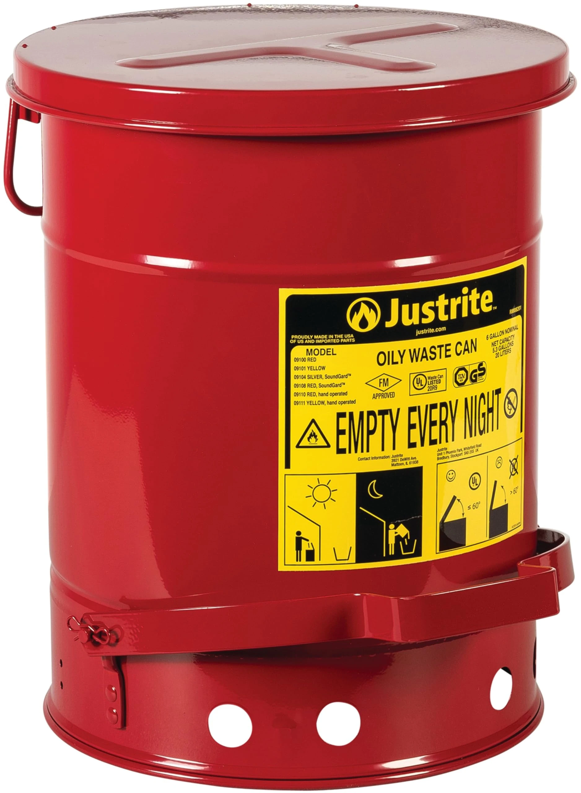 Justrite SoundGuard Steel Oily Waste Bin with Foot-Operated Lid, 20 L, Red
