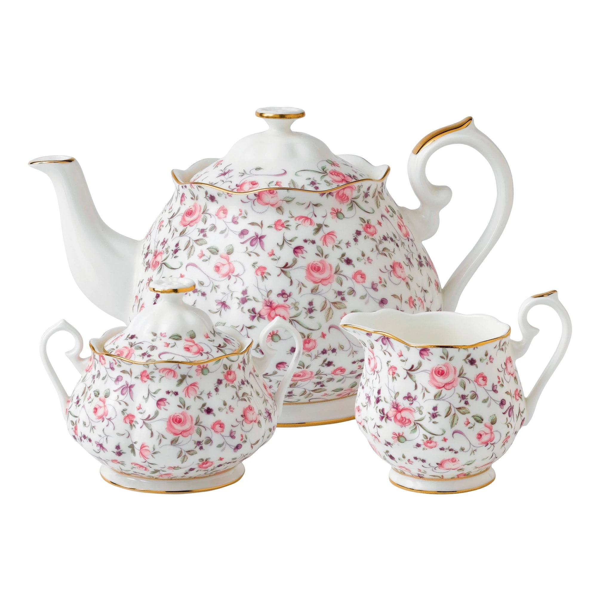 Royal Albert Modern Vintage ROSCON25823 Teapot, Sugar Box, Creamer, 3 Piece Set Rose Confetti, Bone China, White, 3-Piece