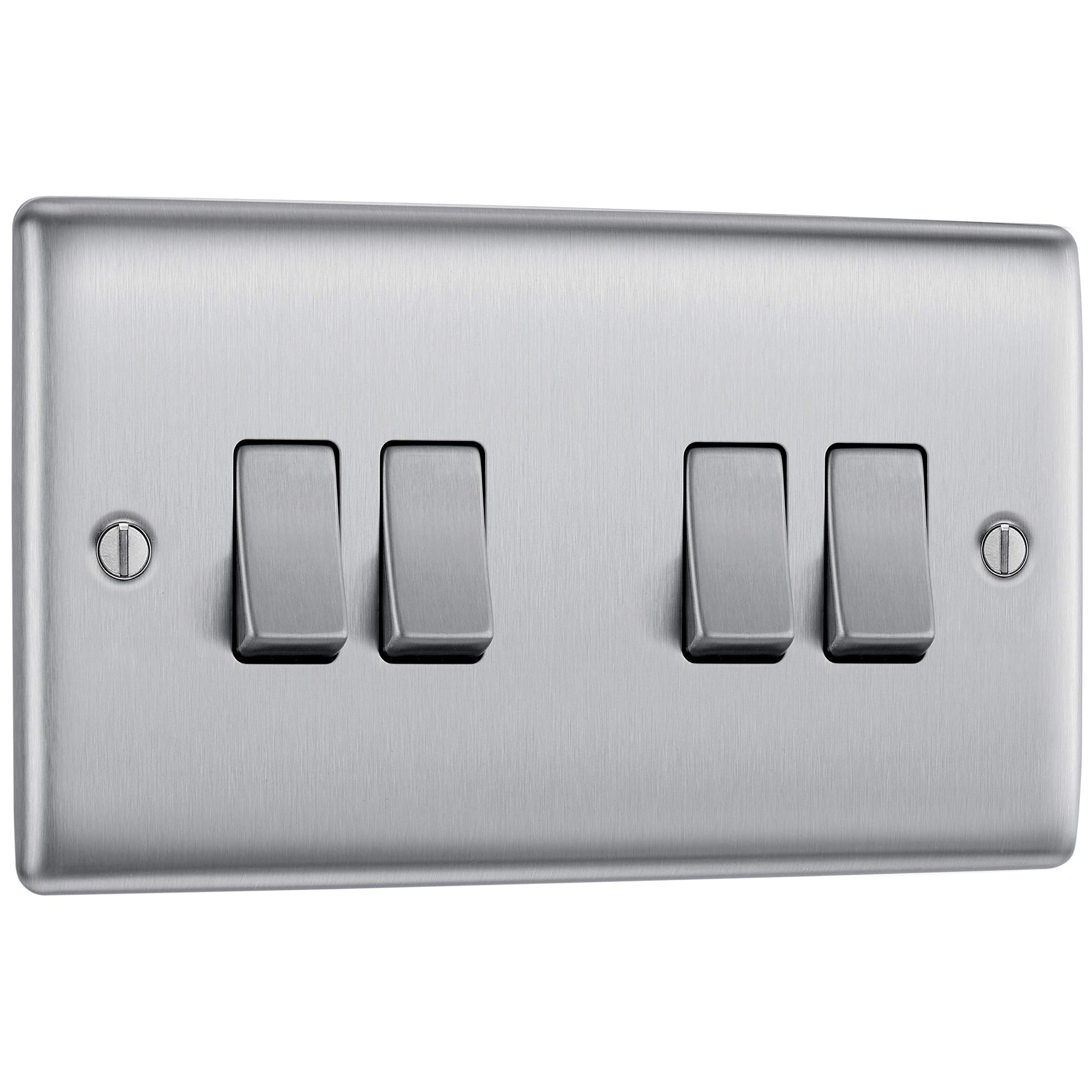BG Electrical Quadruple Wall Light Switch, 2 Way, Raised and Slim Profile, Round Edges, Nexus Metal, Brushed Steel, 20A, 16AX, NBS44