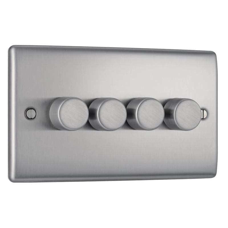 BG Electrical Intelligent Quadruple Wall Dimmer Switch, 2 Way, Raised Profile, Round Edges, Nexus Metal Brushed Steel 200W, NBS84