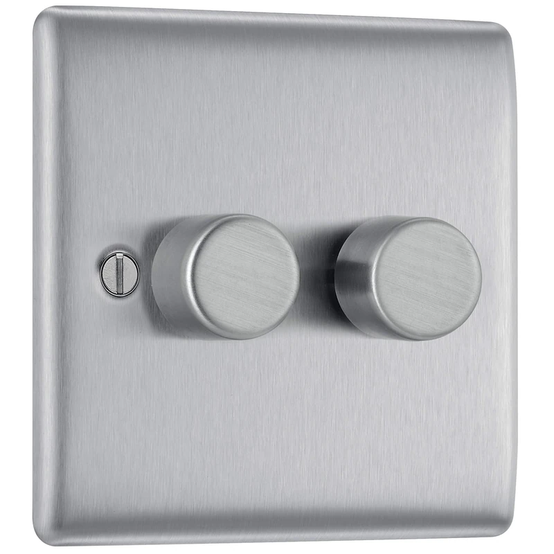 BG Electrical Intelligent Double Wall Dimmer Switch, 2 Way, Raised Profile, Round Edges, Nexus Metal, Brushed Steel, 200W, NBS82