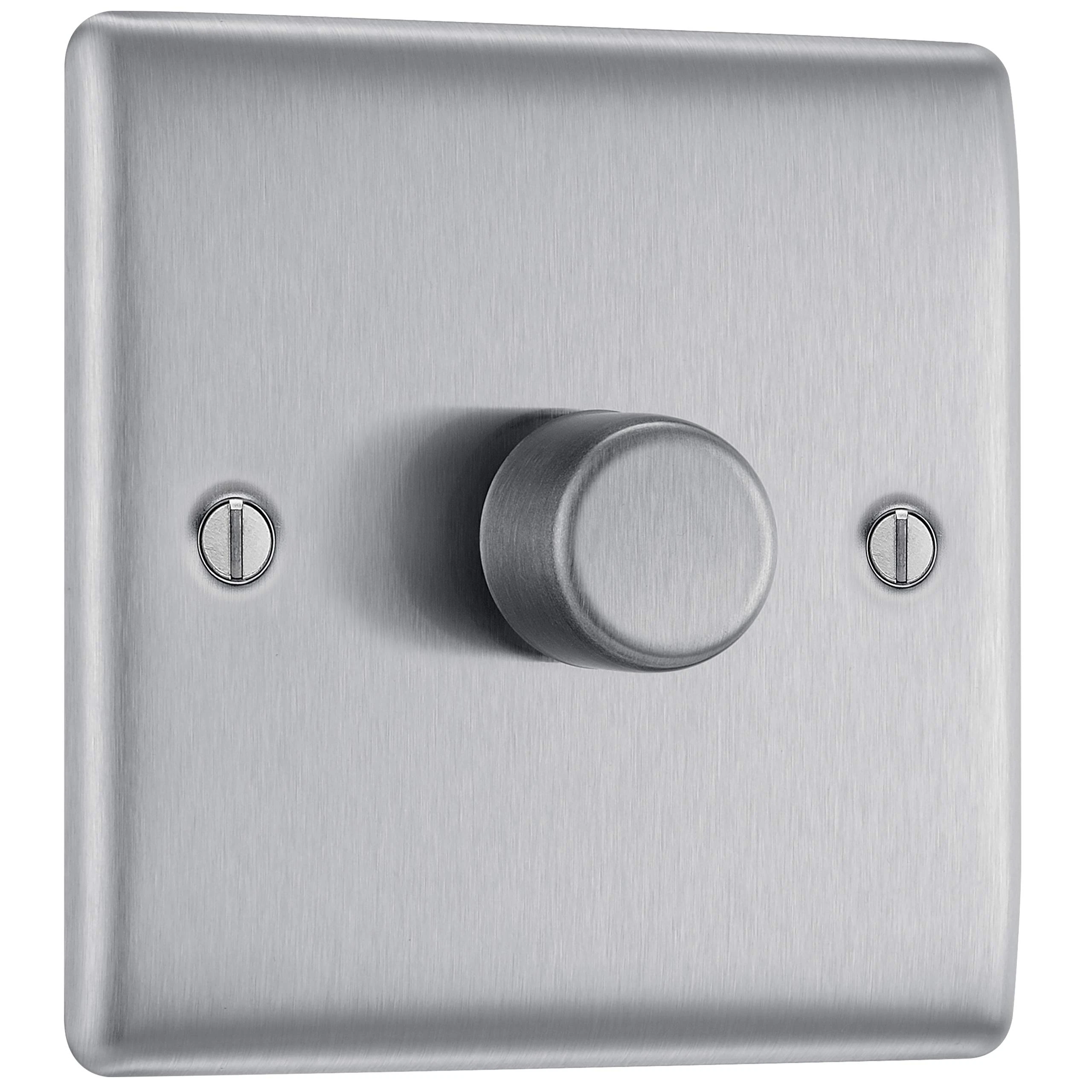 BG Electrical Intelligent Single Wall Dimmer Switch, 2 Way, Raised Profile, Round Edges, Nexus Metal, Brushed Steel, 200W, NBS81