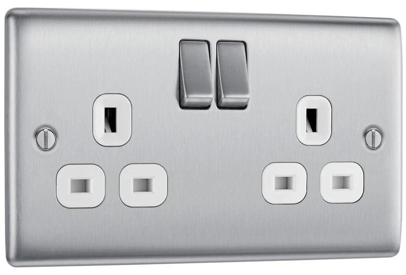 BG Electrical Double Switched Power Plug Wall Socket, Nexus Metal, Brushed Steel, White Inserts, 13A, NBS22W