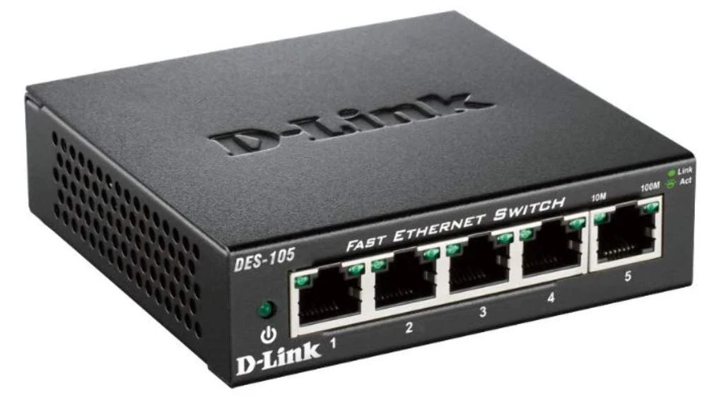 D-Link DES-105/B 5 Port Fast Ethernet Metal Desktop Switch, Hub, Internet Splitter, Metal, Fanless, Plug and Play - UK Model