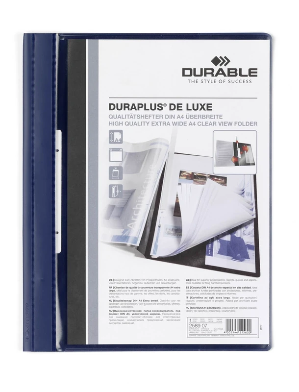 Durable Duraplus De Luxe 258907 Clear View Presentation Folder A4 - Dark Blue (Pack of 25)