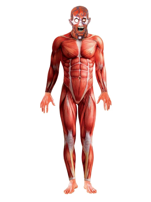 Smiffys Anatomy Man Costume, Red with Bodysuit and Mask, Halloween Zombie Alley Fancy Dress, Adult Dress Up Costumes