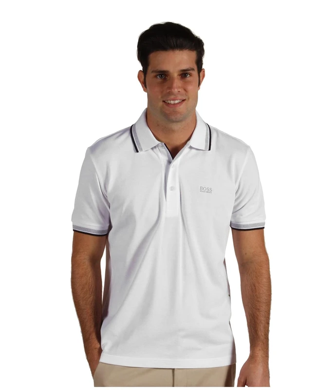BOSS Mens Paddy Cotton-piqué Polo Shirt with Striped Collar and Cuffs White