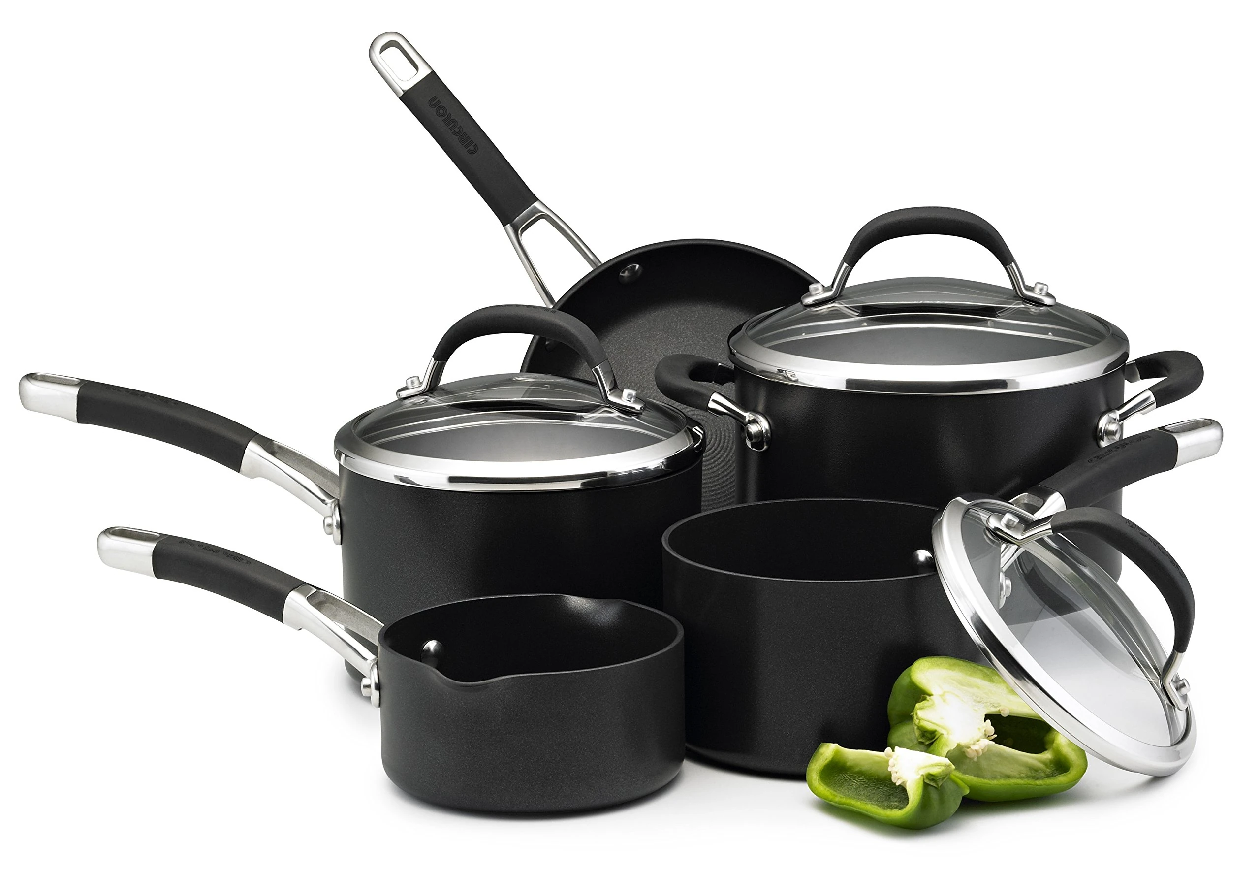 Circulon Premier Professional Induction Hob Pan Set of 5 - Non Stick Pots and Pans Set with Glass Lids & Soft Grip Handles, Dishwasher Safe Saucepan Set, Black