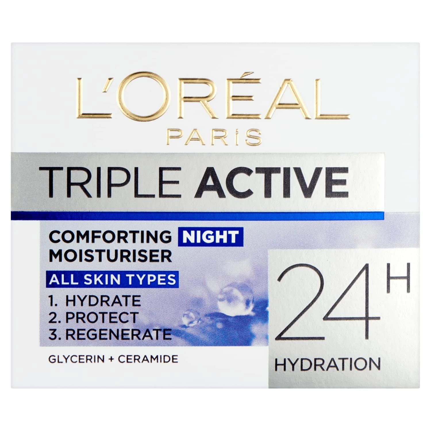 L'Oréal Paris Triple Active Night 24H Hydrating Moisturiser. Hydrate, Protect & Restore Skin Barrier. Skin feels soft & soothed. Formulated with Glycerin & Ceramides 50ml