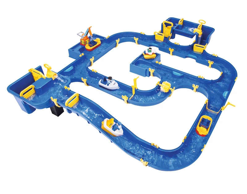 BIG - Waterplay Amsterdam - Blue Waterway, 175 x 143 x 27 cm, with 4 Boats, Seaplane and 3 Toy Figures, 2 Locks, Water Pump and Harbour Basin, from 3 Years