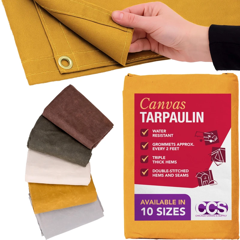 CCS Waterproof Canvas Tarp Cover – Heavy Duty Duck Cloth, Waxed Canvas Tarpaulin with Rustproof Brass Grommets for Camping, Construction, Equipment & Outdoor Use (Gold, 12x20 Ft)