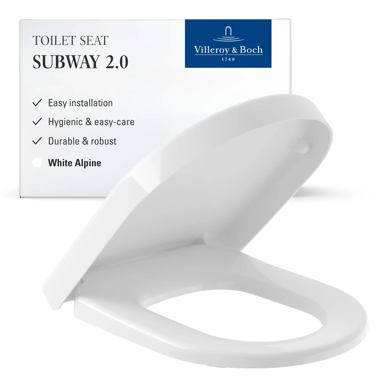 Villeroy & Boch Subway 2.0 Toilet seat, Comfortably Wide Toilet lid, Removable Toilet seat Made from Break-Proof Duroplast, Toilet lid Original Spare Part, D-Shape, White Alpine, Glossy