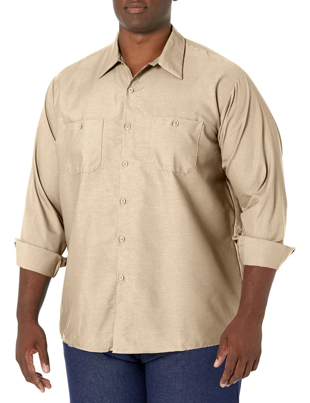 Red Kap Men's Industrial Work Shirt, Regular Fit, Long Sleeve Utility Button, Light Tan, Large Tall