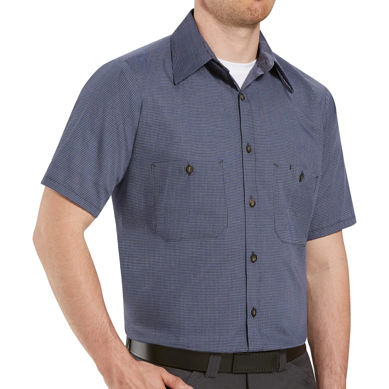 Red Kap Men's Micro-Check Uniform Shirt, Regular Fit, Short Sleeve Button, Blue/Charcoal, XXXL