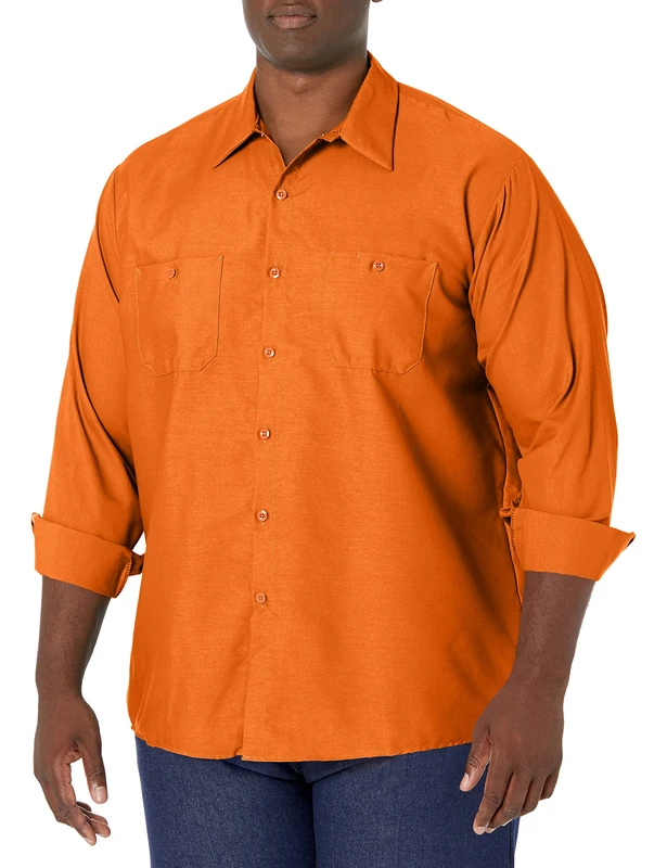Red Kap Men's Industrial Work Shirt, Regular Fit, Long Sleeve Utility Button, Orange, XXL Tall