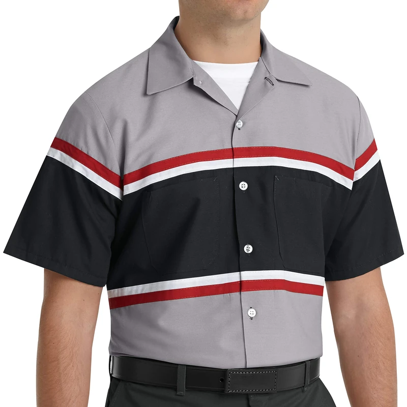 Red Kap Men's Industrial Work Shirt, Regular Fit, Short Sleeve Utility Button, Grey/Black with Red/White, XL