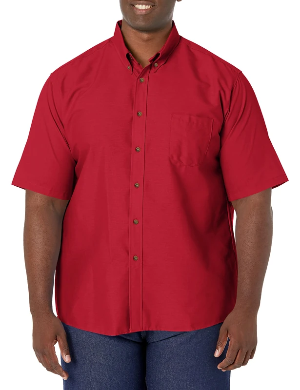 Red Kap Men's Poplin Dress Shirt, Stain and Wrinkle Resistant, Short Sleeve, Large Red